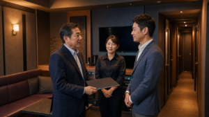 カラオケ店舗の承継について話す売り手・引継ぎ先・店舗スタッフ