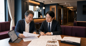 カラオケ店舗の稼働資料・設備契約・フロア図を確認する経営者とアドバイザー