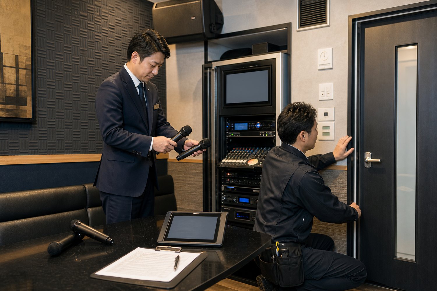 カラオケ店舗の担当者と技術者がマイク・音響機器・防音扉・換気設備を点検する様子