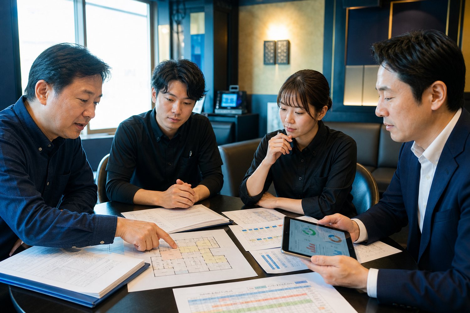 カラオケ店舗の経営者・後継責任者・スタッフが店舗図面・稼働資料・契約書を確認する様子
